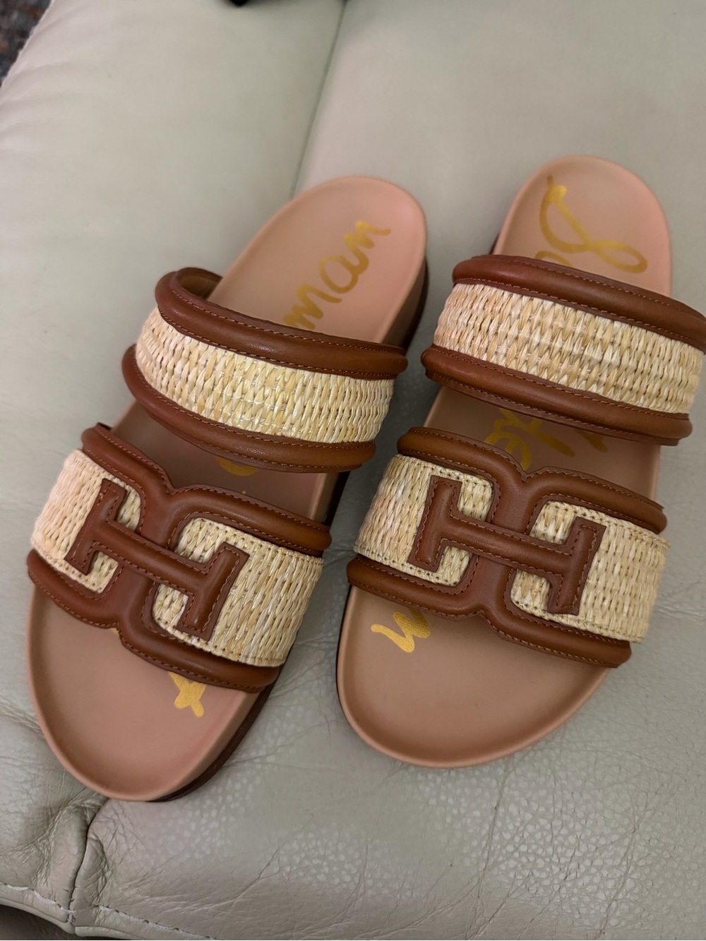 Sam Edelman women’s Woven Straw Slide Sandals in Brown and Natural, size 7